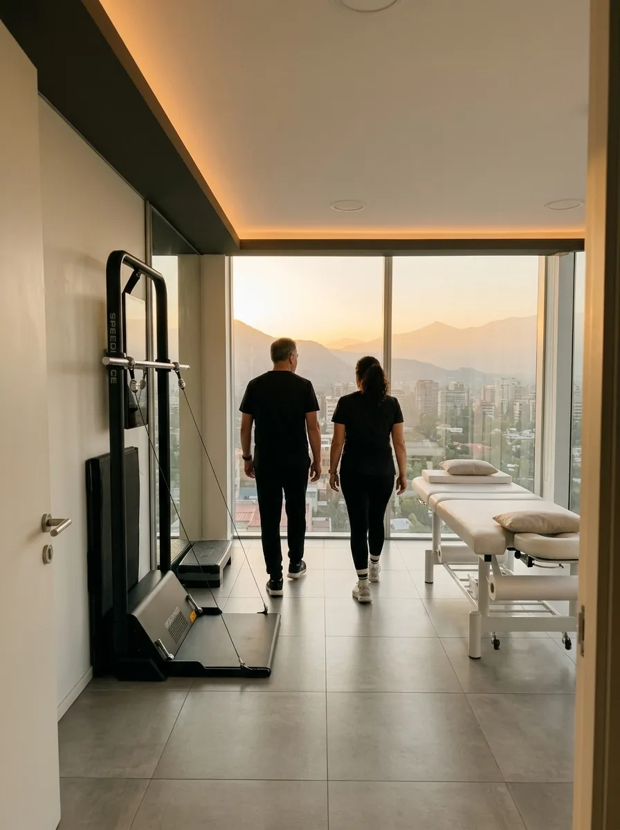 Un hombre y una mujer entran al box de Spark Wellness al atardecer, entre el equipo de fuerza guiada y la camilla