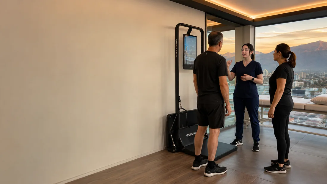 El equipo de fuerza guiada AI Gym en el box de Spark, con la ciudad por el ventanal