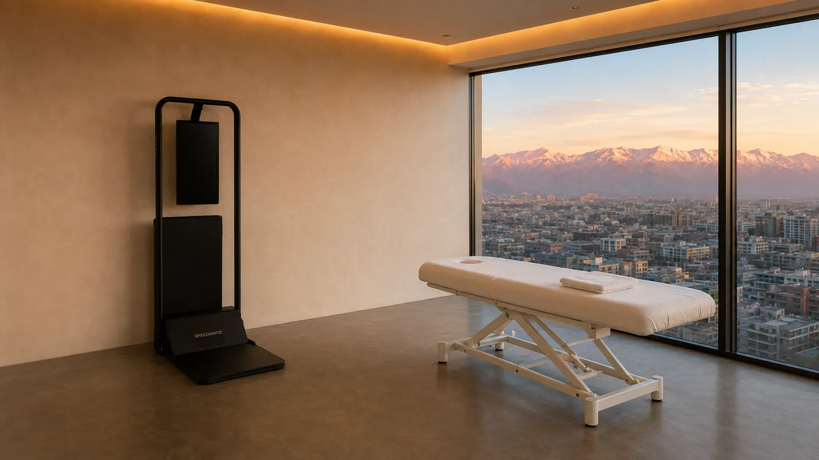 El box de Spark al atardecer: el AI Gym, la camilla clínica y la cordillera por el ventanal