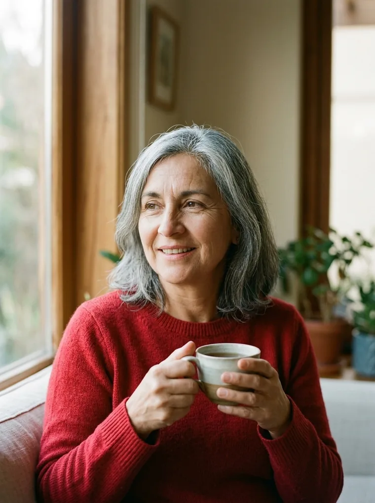 Una mujer de pelo gris sonríe junto a la ventana de su casa con una taza de té entre las manos