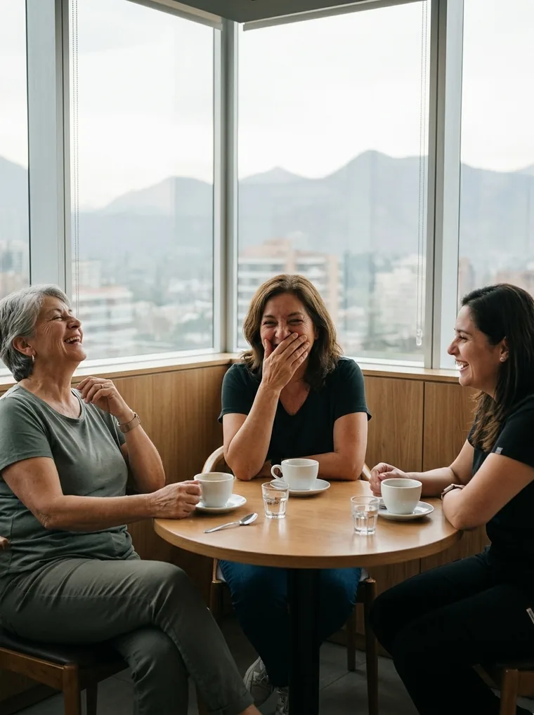 Tres mujeres conversan y ríen tomando café junto a un ventanal con vista a Santiago