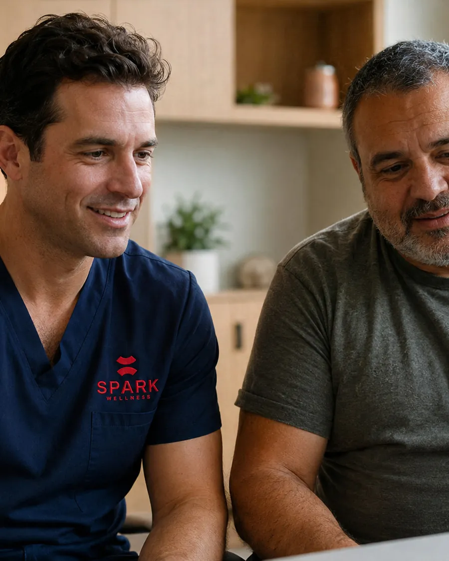 Un profesional de Spark revisa en pantalla el plan de nutrición junto a un paciente, en la consulta de Vitacura