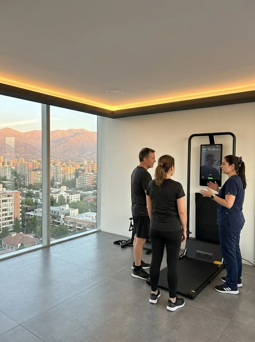 Un hombre y una mujer siguen la guía de una kinesióloga frente al equipo de fuerza del box de Spark, con la ciudad y la cordillera al fondo