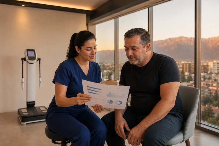 Una profesional de Spark revisa con un paciente los resultados de su InBody 270
