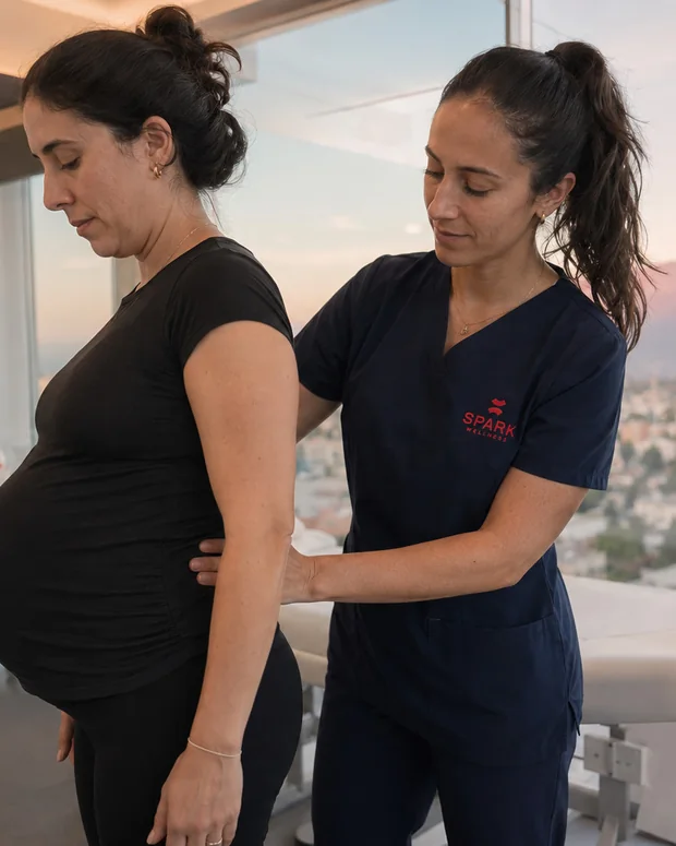Una kinesióloga de Spark evalúa la postura y la espalda de una embarazada en el centro de Vitacura