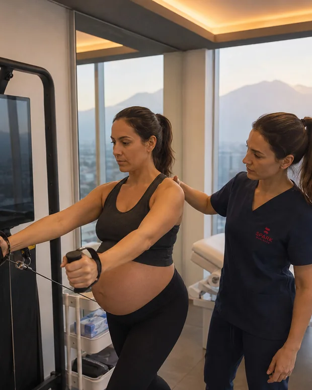 Una embarazada entrena en el Speediance AI Gym mientras su kinesióloga de Spark la supervisa, frente a la vista de Santiago