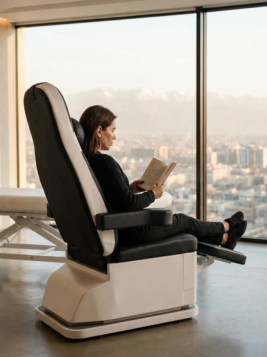 Una mujer vestida lee un libro sentada en la silla PelviX™ junto al ventanal del box, con la cordillera al fondo