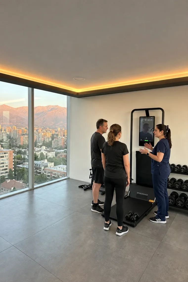 Un hombre y una mujer siguen la guía de una kinesióloga frente al equipo Speediance, junto al rack de mancuernas del box de Spark, con la ciudad y la cordillera por el ventanal